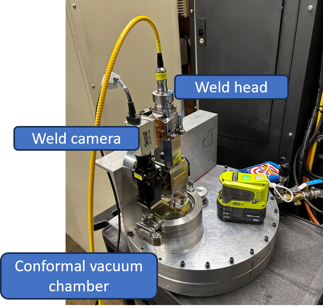 MSFC suborbital LBW prototype at end of FY24 — weld head, conformal vacuum chamber, and camera mounted on rotary stage with Ryobi 18V batteries